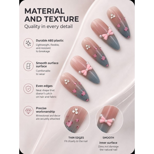 Pink‑Blue Gradient Heart Press‑On Nails, Gentle 3D Bow Rhinestone Almond False Nails